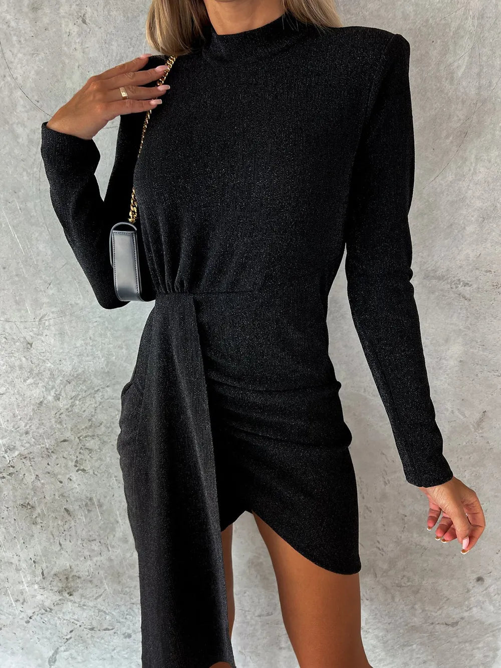 Heathered Mock Neck Long Sleeve Mini Dress Black