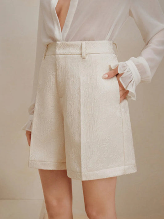 High-Waist Textured Shorts Ivory