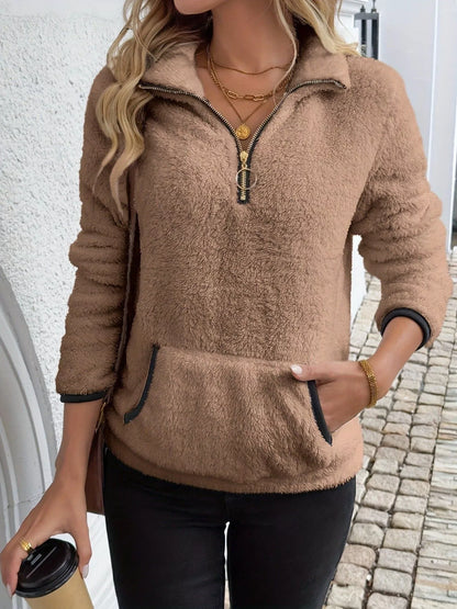 Full Size Cozy Fleece Quarter Zip Long Sleeve Sweatshirt Plus Size Brown