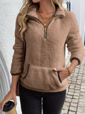 Full Size Cozy Fleece Quarter Zip Long Sleeve Sweatshirt Plus Size Brown