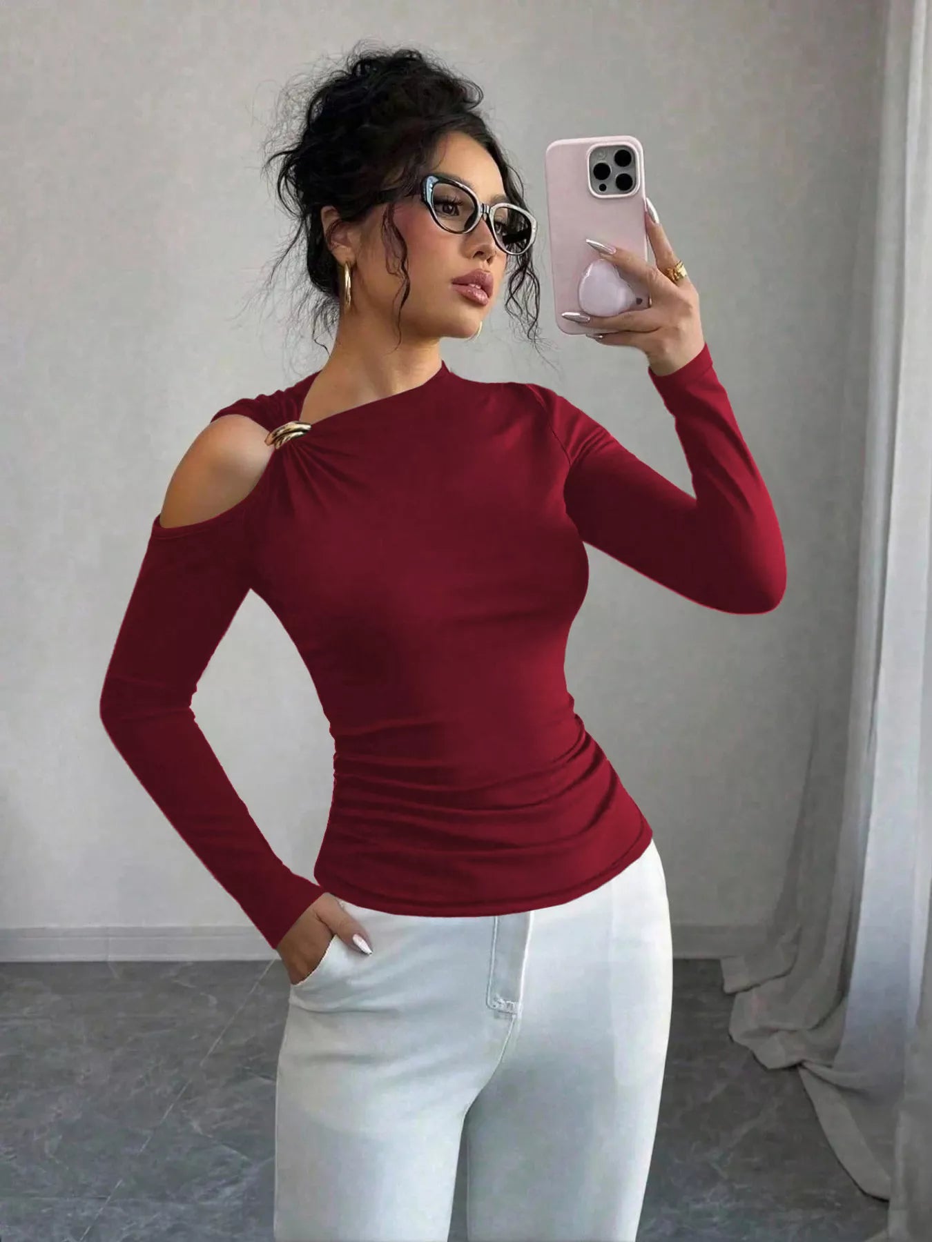 Cutout One-Shoulder Long Sleeve T-Shirt