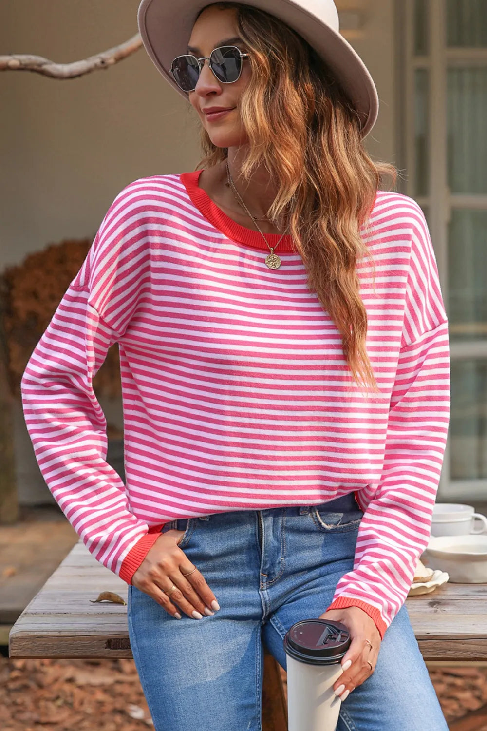 Striped Round Neck Drop Shoulder T-Shirt Hot Pink