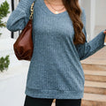 V-Neck Textured Knit Long Sleeve T-Shirt