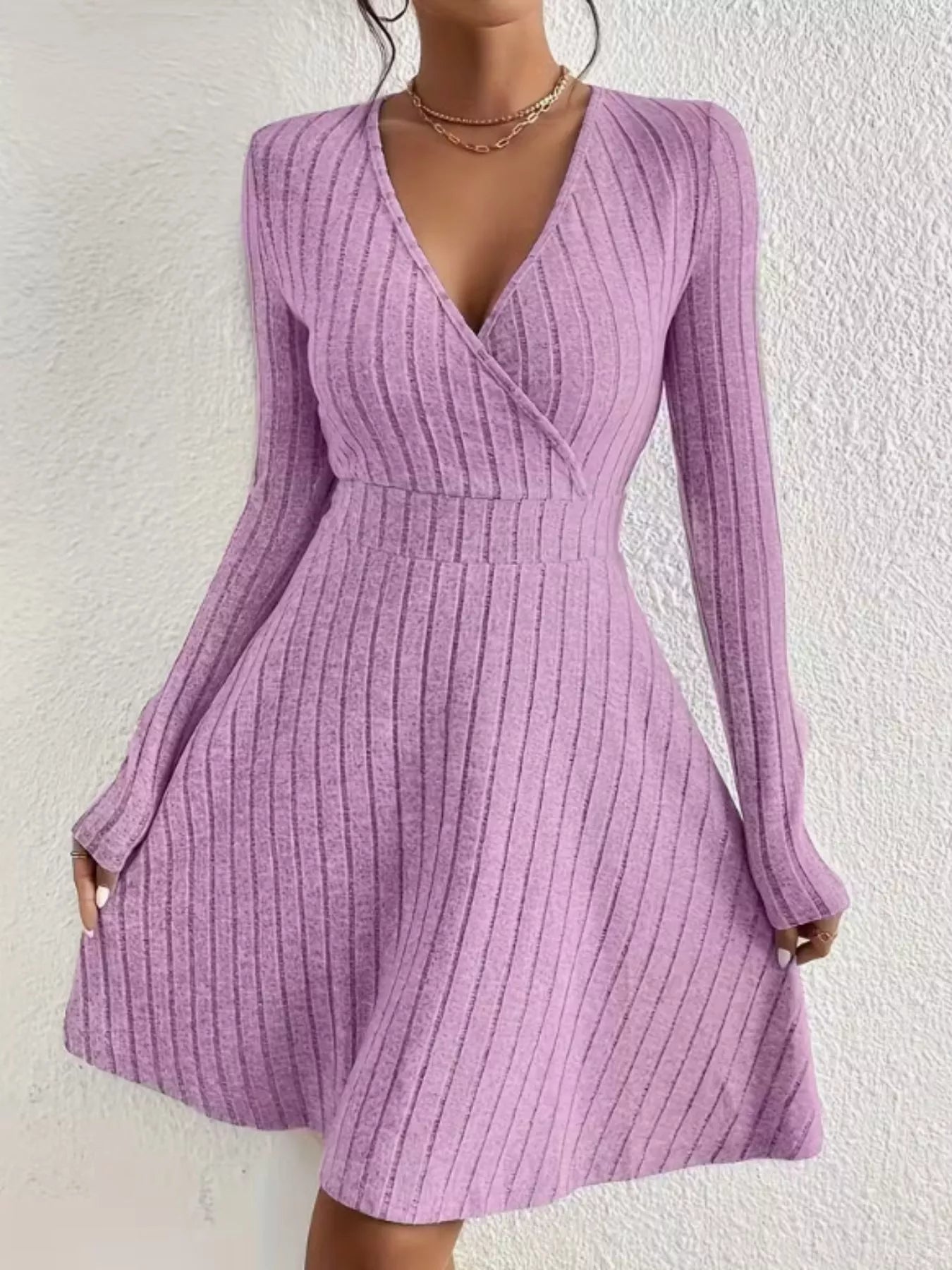 Ribbed Knit Wrap Mini Dress Lavender