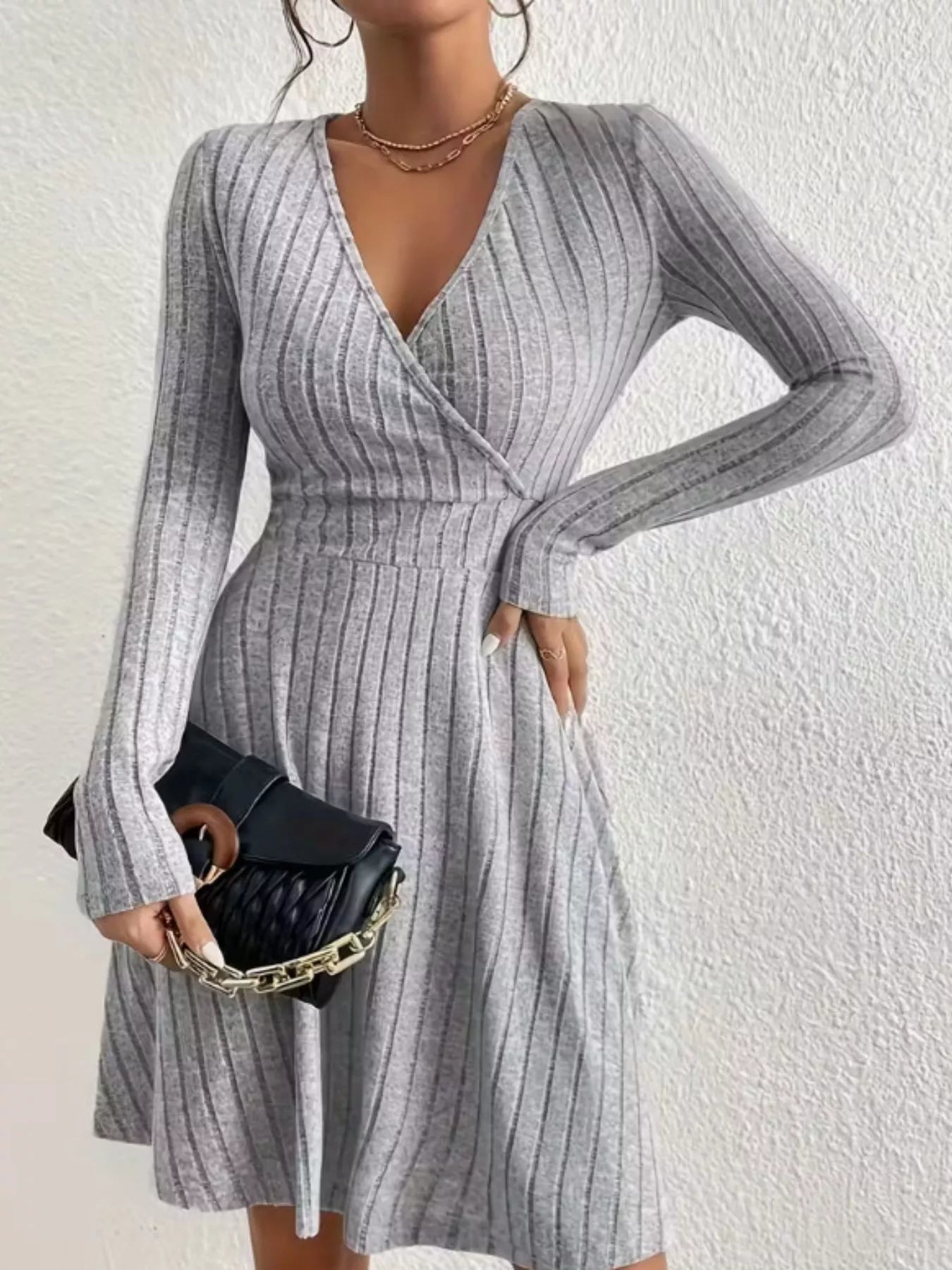 Ribbed Knit Wrap Mini Dress Light Gray