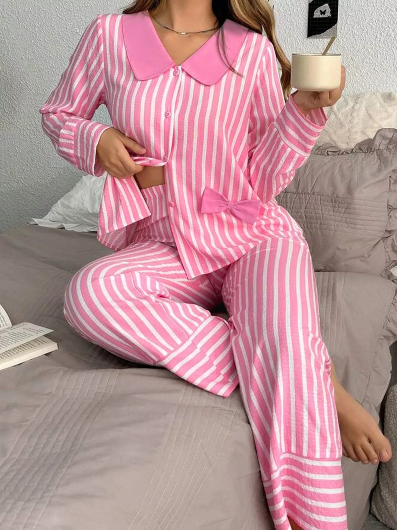 Stripe Buttoned Front Long Sleeve Top and Pants 2 Piece Sleepwear Pink