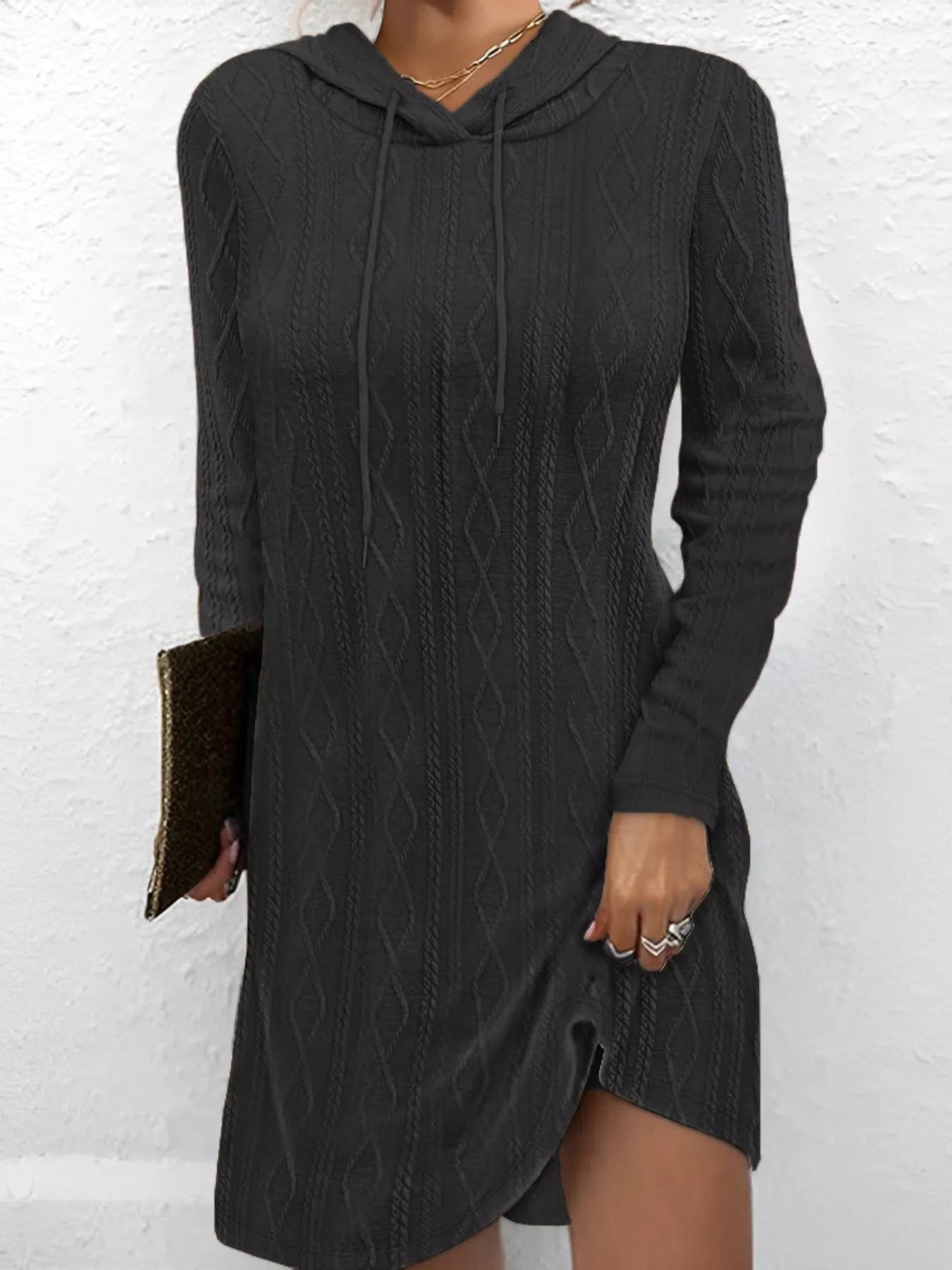 Casual Long Sleeve Hooded Knit Dress Black