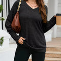 V-Neck Textured Knit Long Sleeve T-Shirt