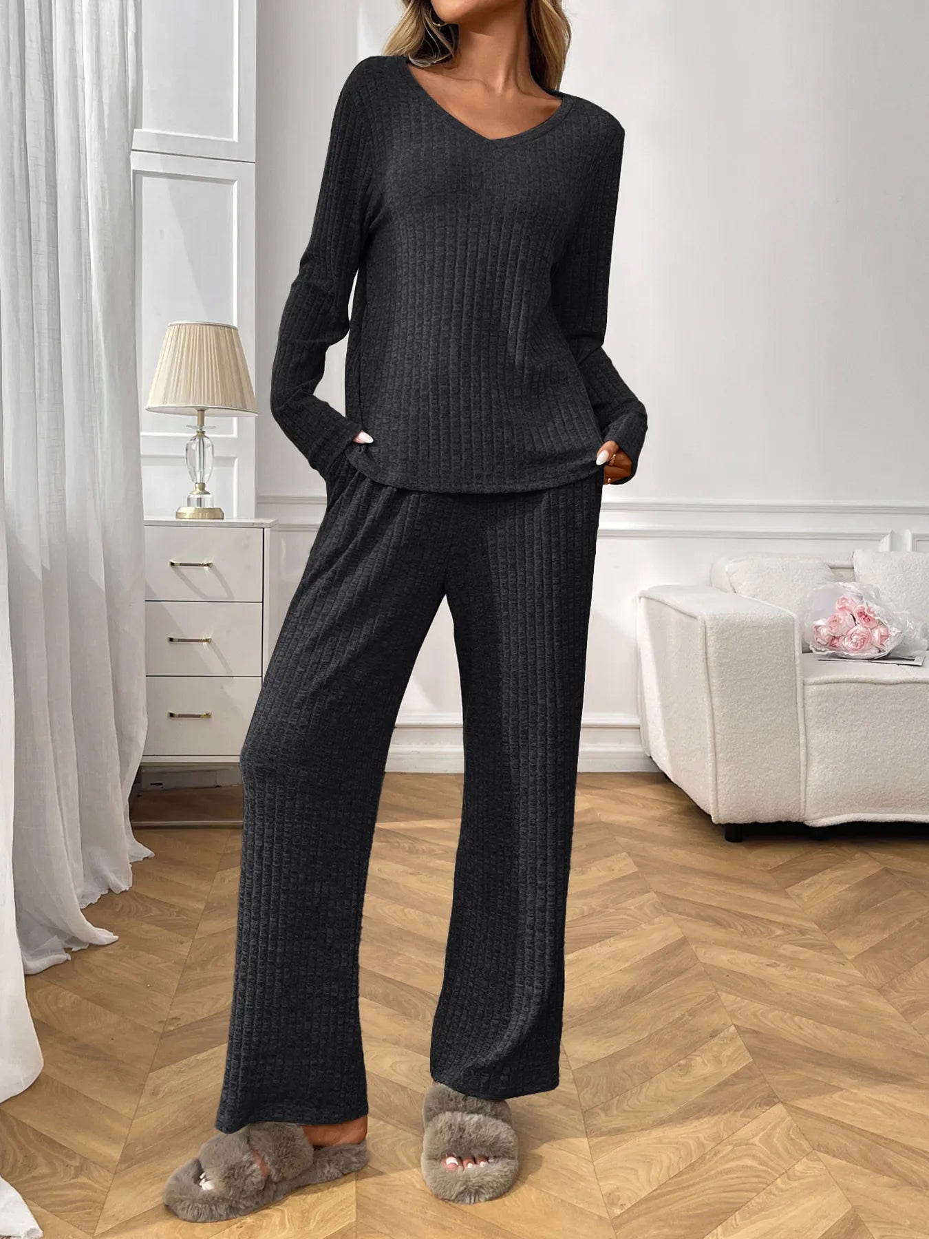 Ribbed Long Sleeve Top and Pants Lounge Set