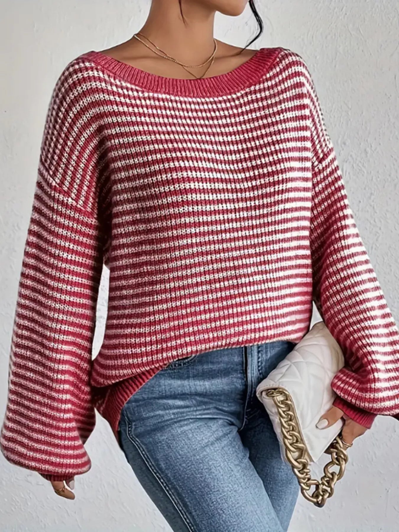 Striped Boat Neck Long Sleeve Sweater