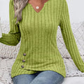 Ribbed Knit Notched Long Sleeve Top
