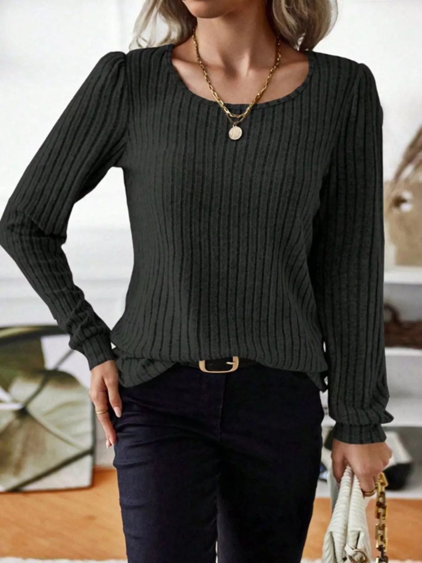 Ribbed Knit Long Sleeve T-Shirt