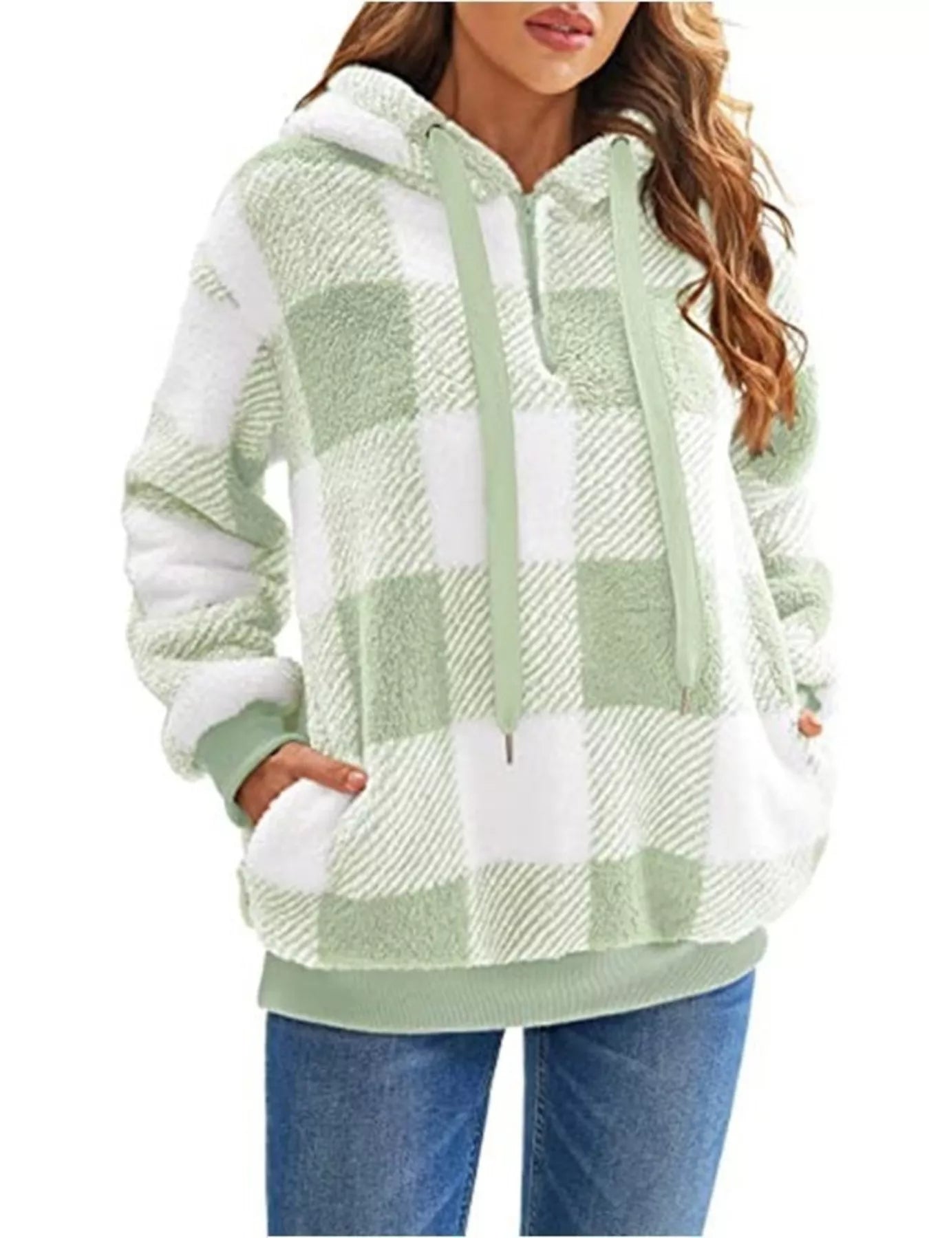 Full Size Plaid Sherpa Drawstring Hoodie Plus Size Green