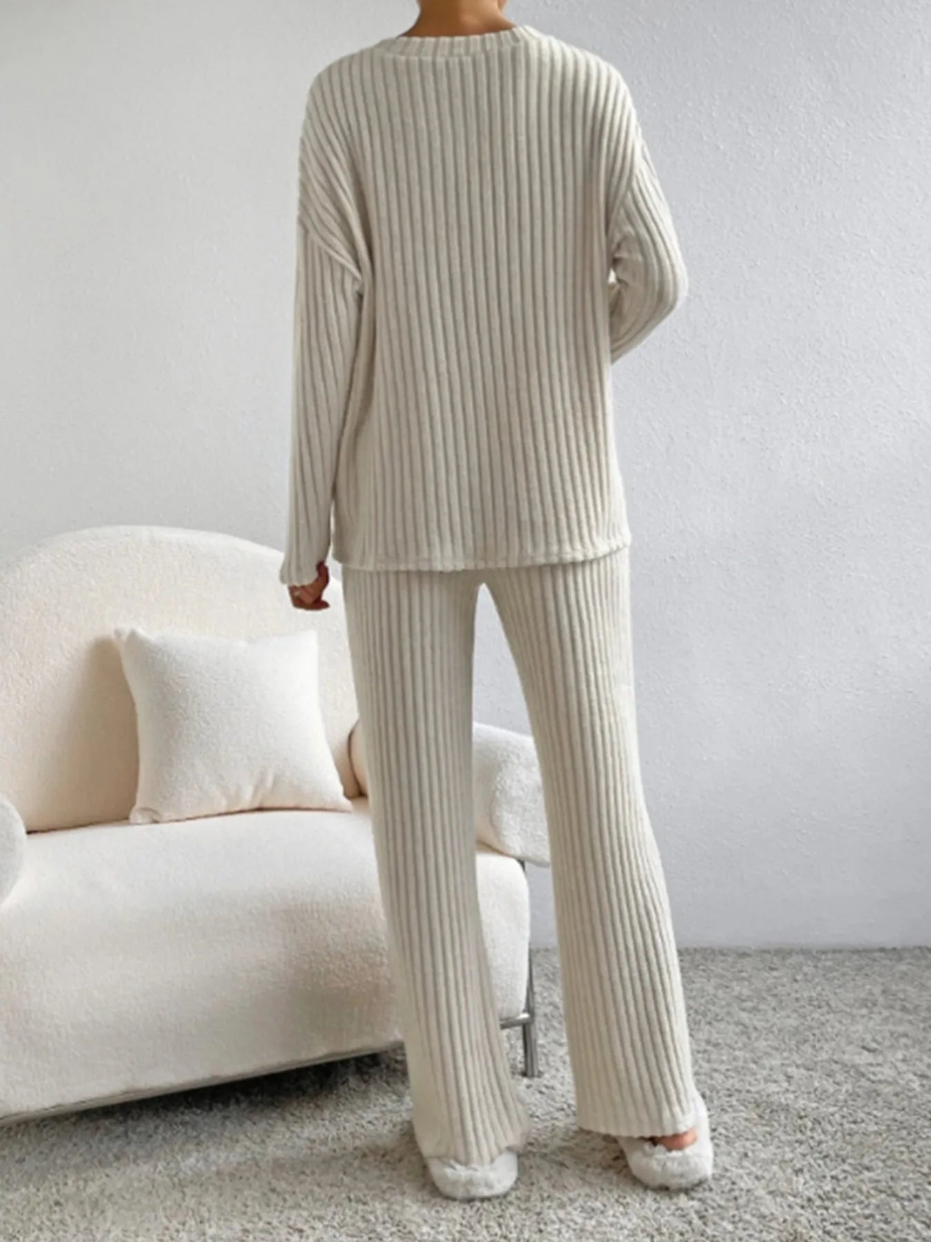 Ribbed Knit V-Neck Top and Pants Lounge Set