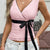 Lace Surplice Ribbon Tie Tank Blush Pink