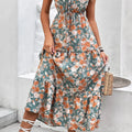 Floral Print Trimmed V Neck Tie Waist Sleeveless Dress