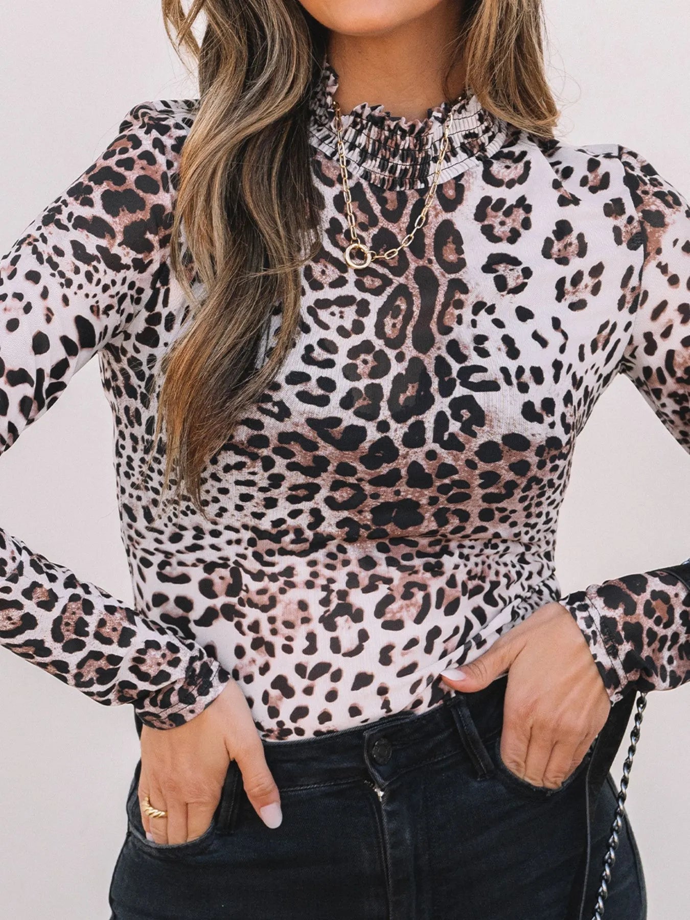 Leopard Print Long Sleeve Mock Neck Bodysuit