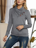 Shiny Buttoned Mock Neck Long Sleeve Blouse Dark Gray