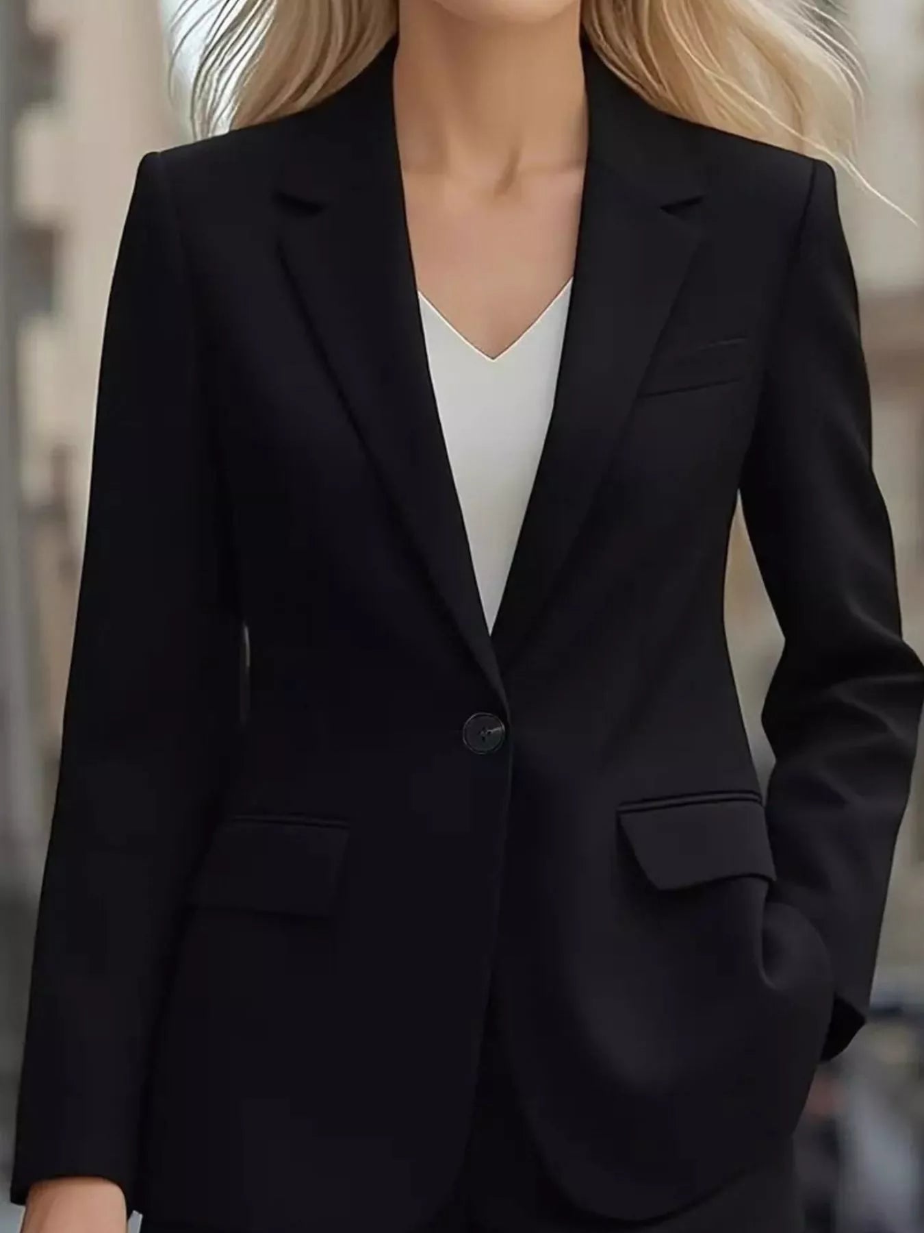 Lapel Collar One Button Blazer Black