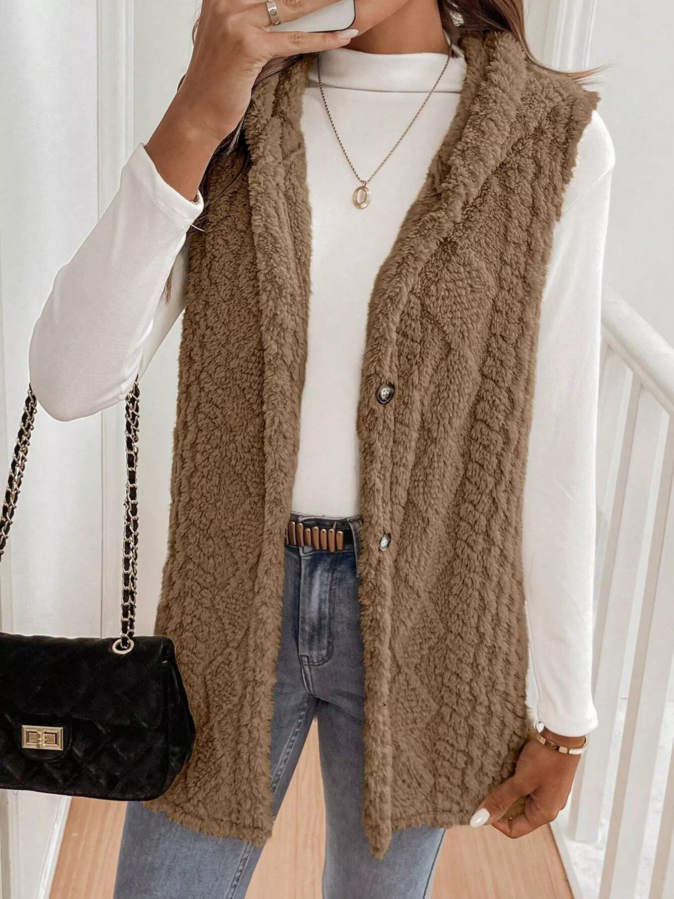 Cozy Sherpa Fleece Hooded Vest Coat Brown