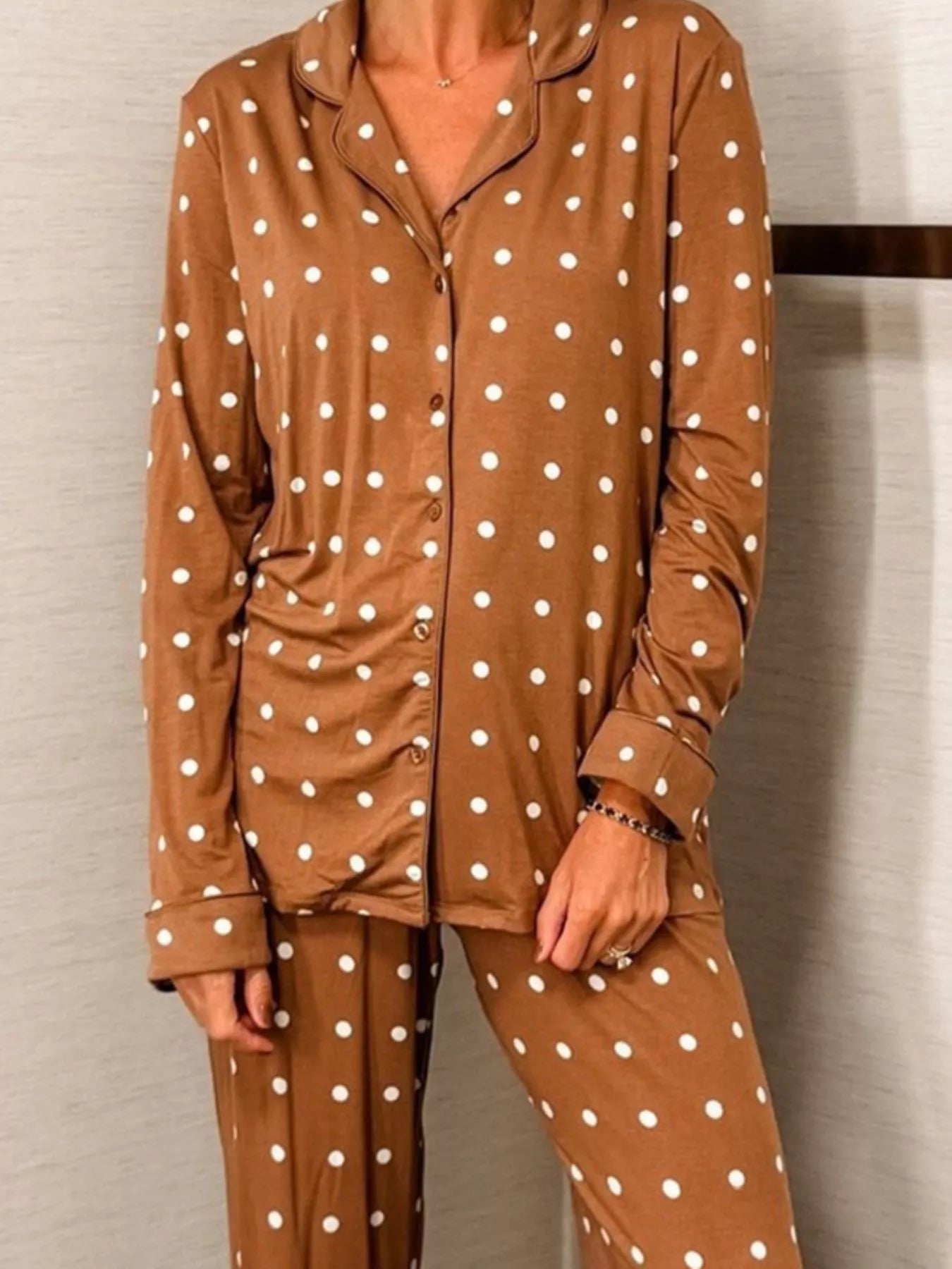 Polka Dot Button-Down Top and Pants Lounge Set