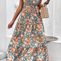 Floral Print Trimmed V Neck Tie Waist Sleeveless Dress