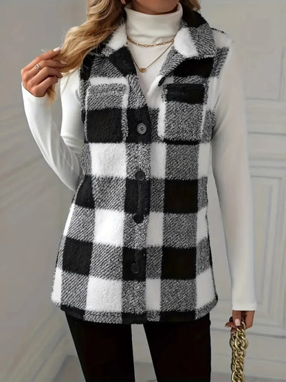 Plaid Button Up Vest Coat Black