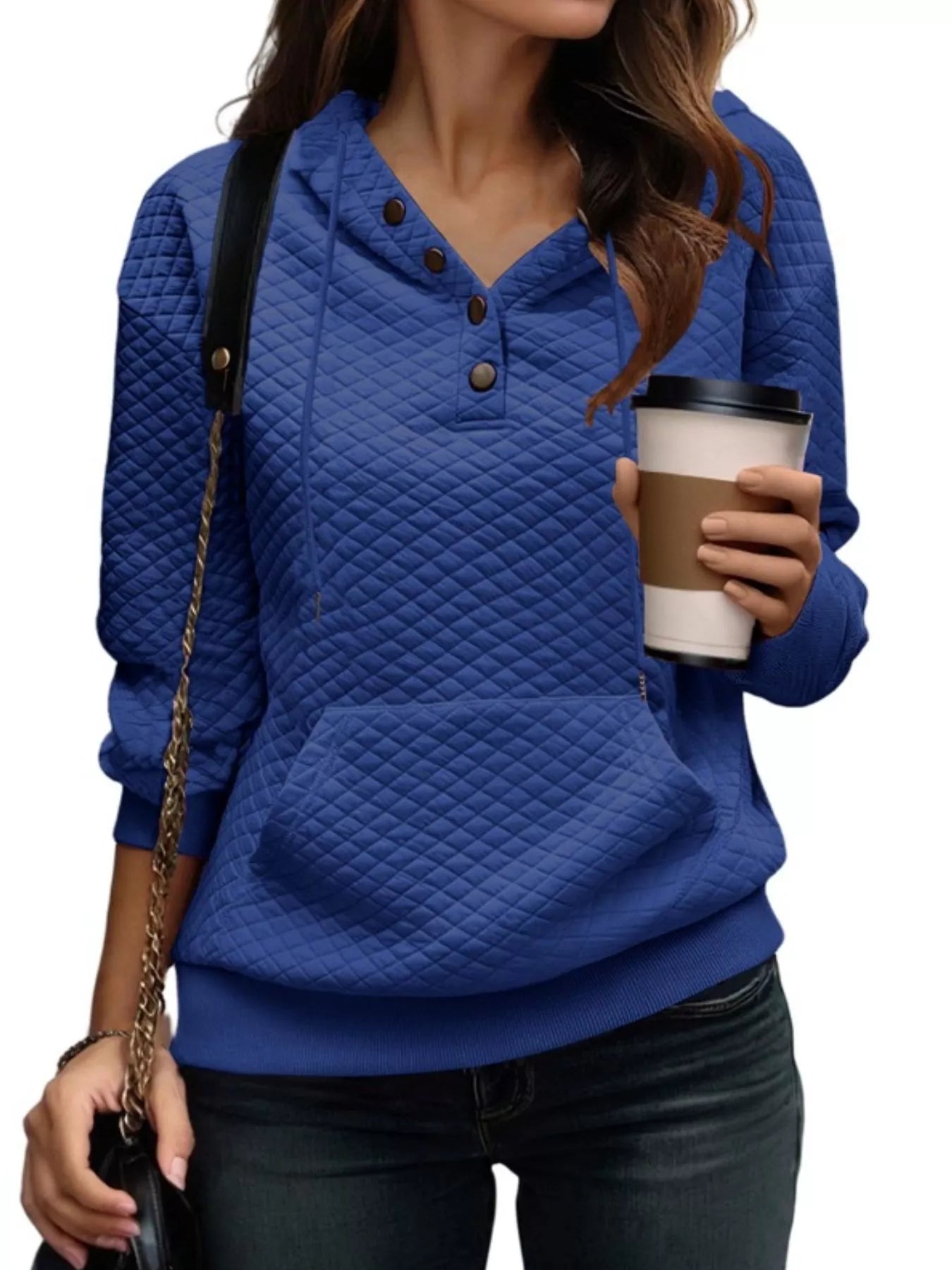 Drawstring Textured Dropped Shoulder Hoodie Blue