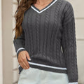 Classic Cable Knit V-Neck Sweater Grey