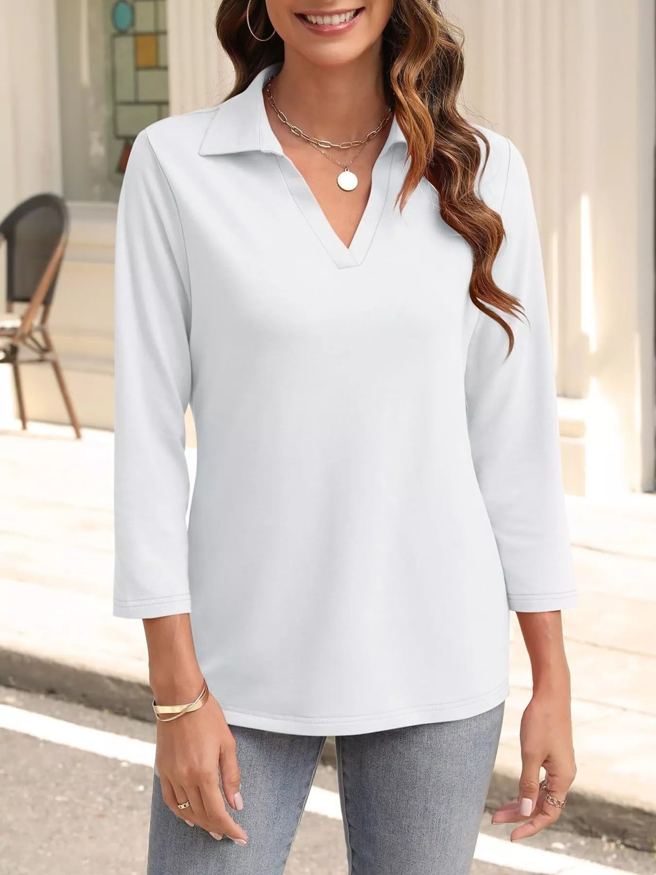 Johnny Collar Solid Color Top White