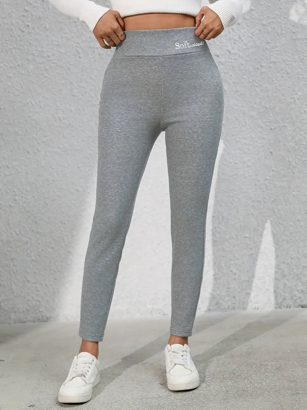 Full Size Letter Embroidered High Waist Leggings Gray