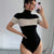 Color Block Turtleneck Ribbed Bodysuit Black