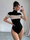 Color Block Turtleneck Ribbed Bodysuit Black