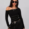Studded One Shoulder Long Sleeve T-Shirt