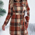 Plaid Button Front Tie Waist Shirt Dress Orange