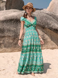 Smocked Printed V-Neck Dress Green
