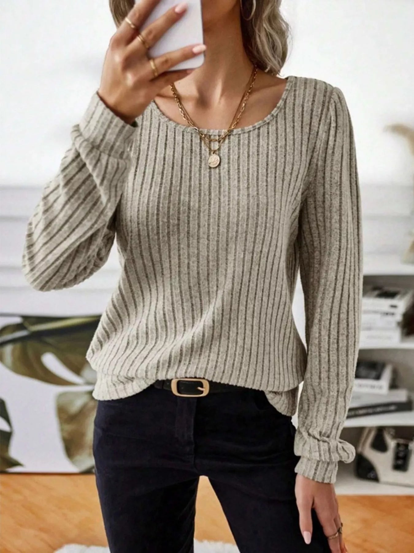 Ribbed Knit Long Sleeve T-Shirt