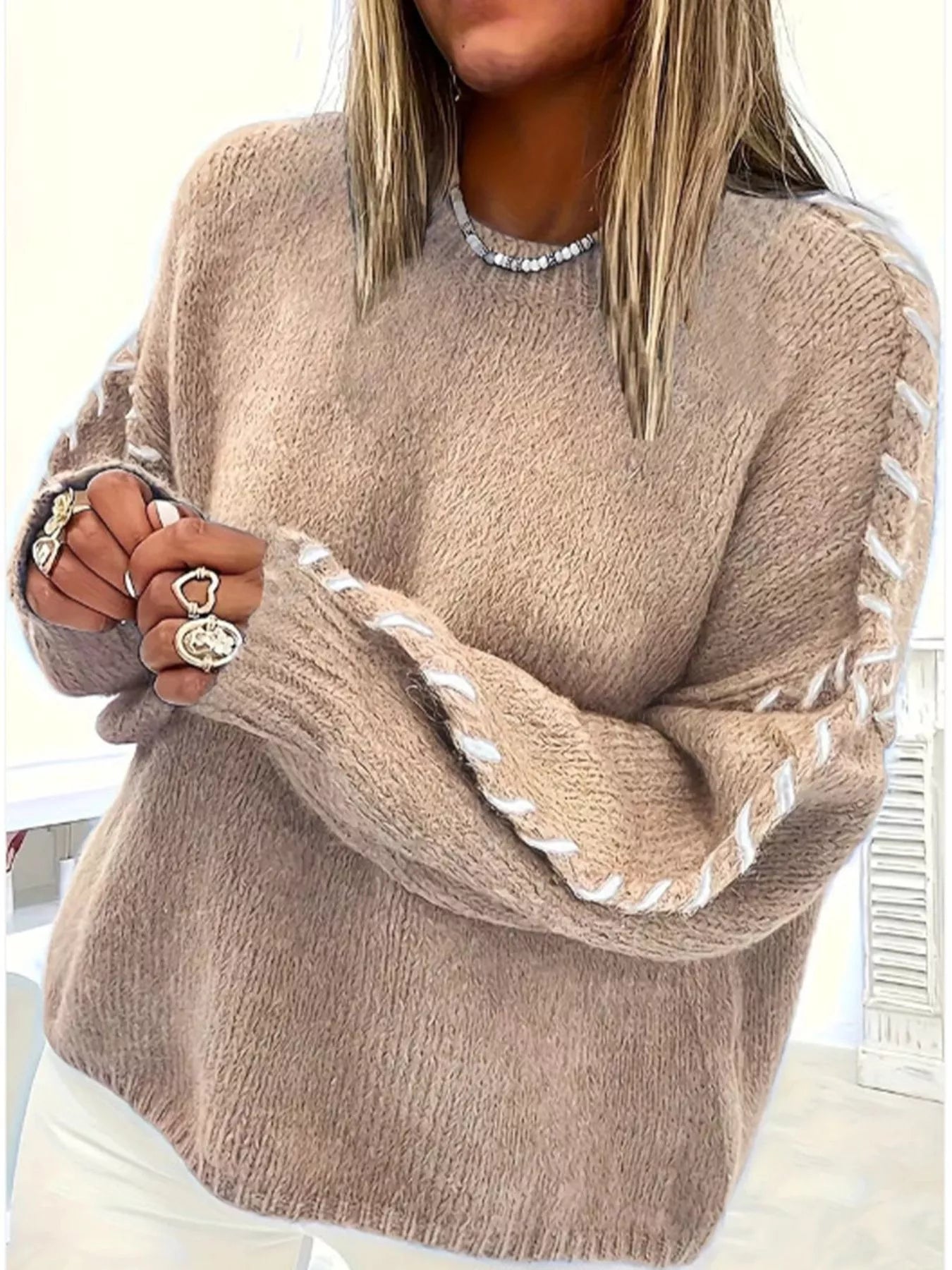 Contrast Stitching Dropped Shoulder Sweater Camel