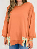 Bow Slit Round Neck Sweatshirt Tangerine