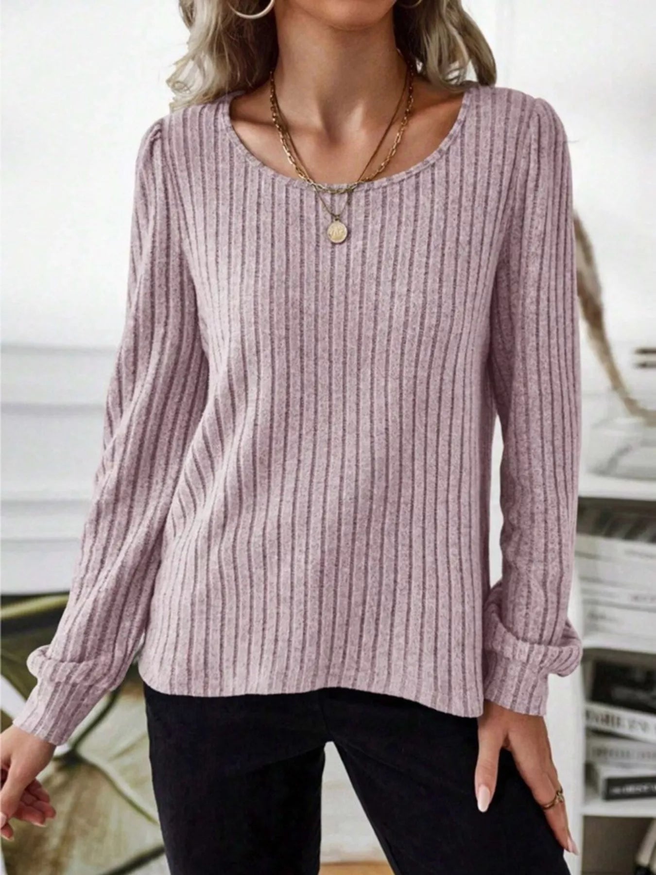 Ribbed Knit Long Sleeve T-Shirt