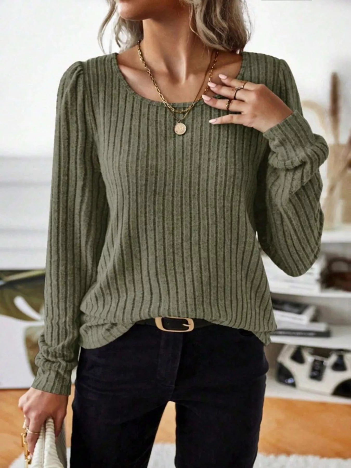 Ribbed Knit Long Sleeve T-Shirt Green