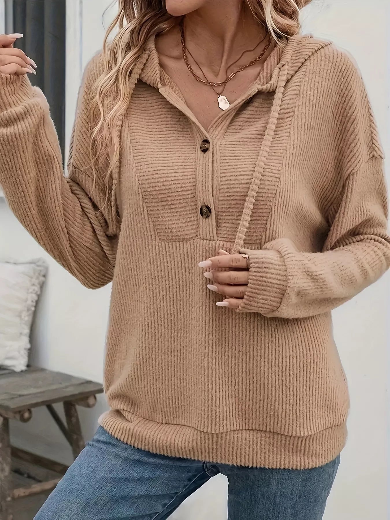 Button-Front Drawstring Hoodie