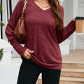 V-Neck Textured Knit Long Sleeve T-Shirt