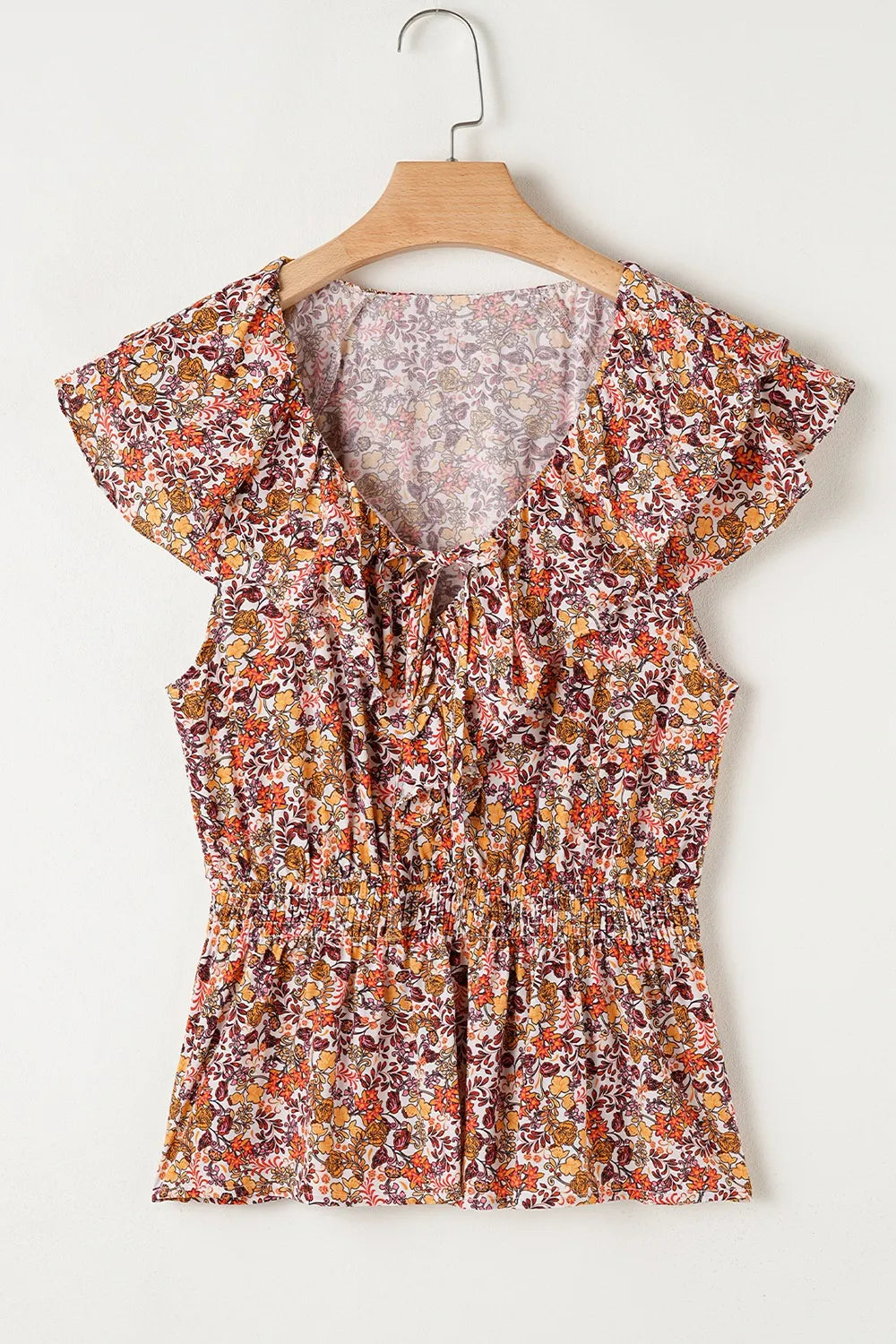 Floral Print Knot V Neck Ruffled Sleeve Blouse