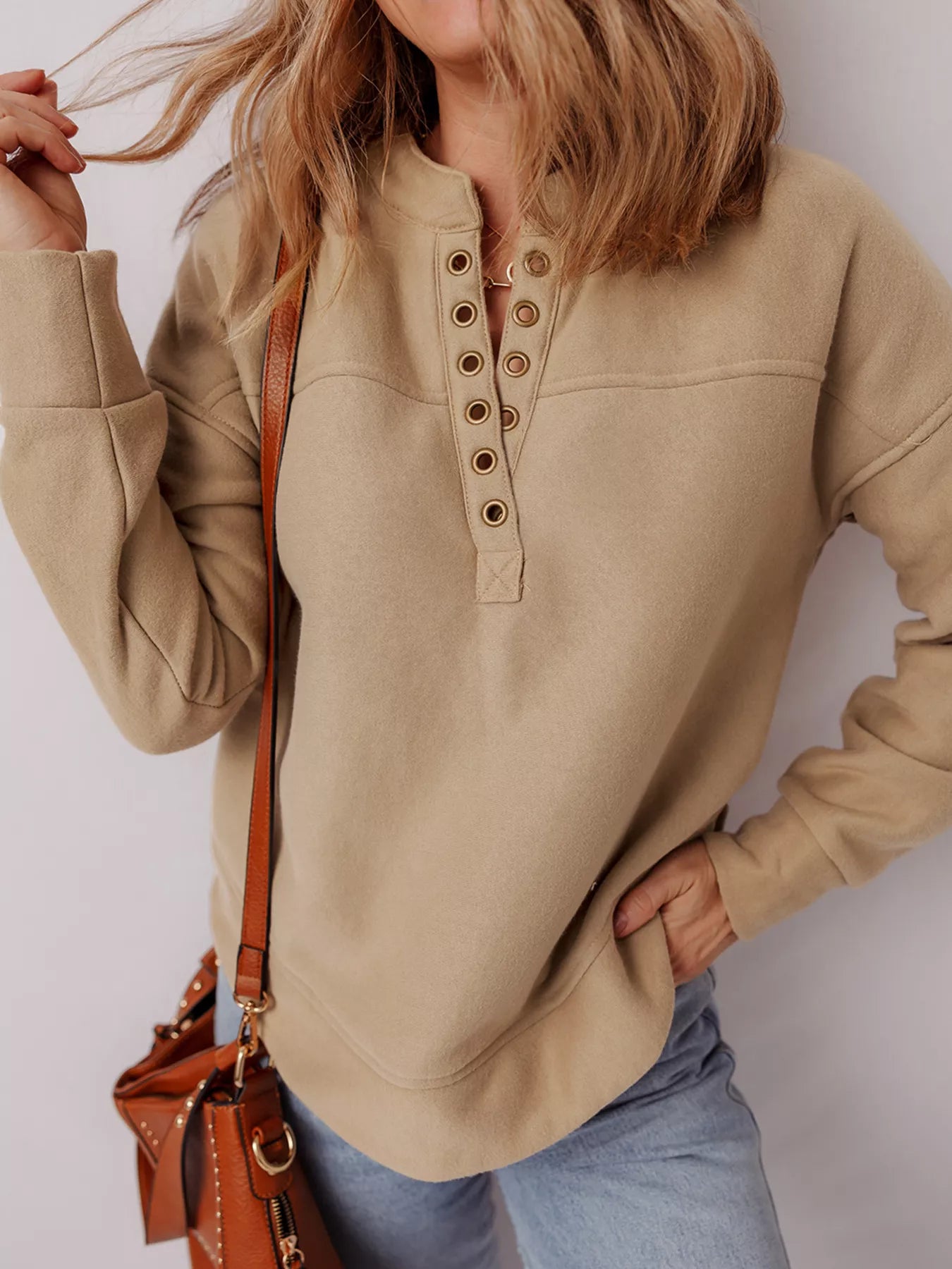 Grommet Detail V Neck Sweatshirt Tan