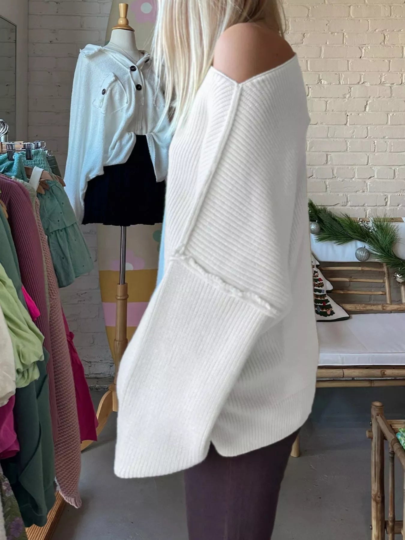 One Shoulder Ribbed Knit Sweater