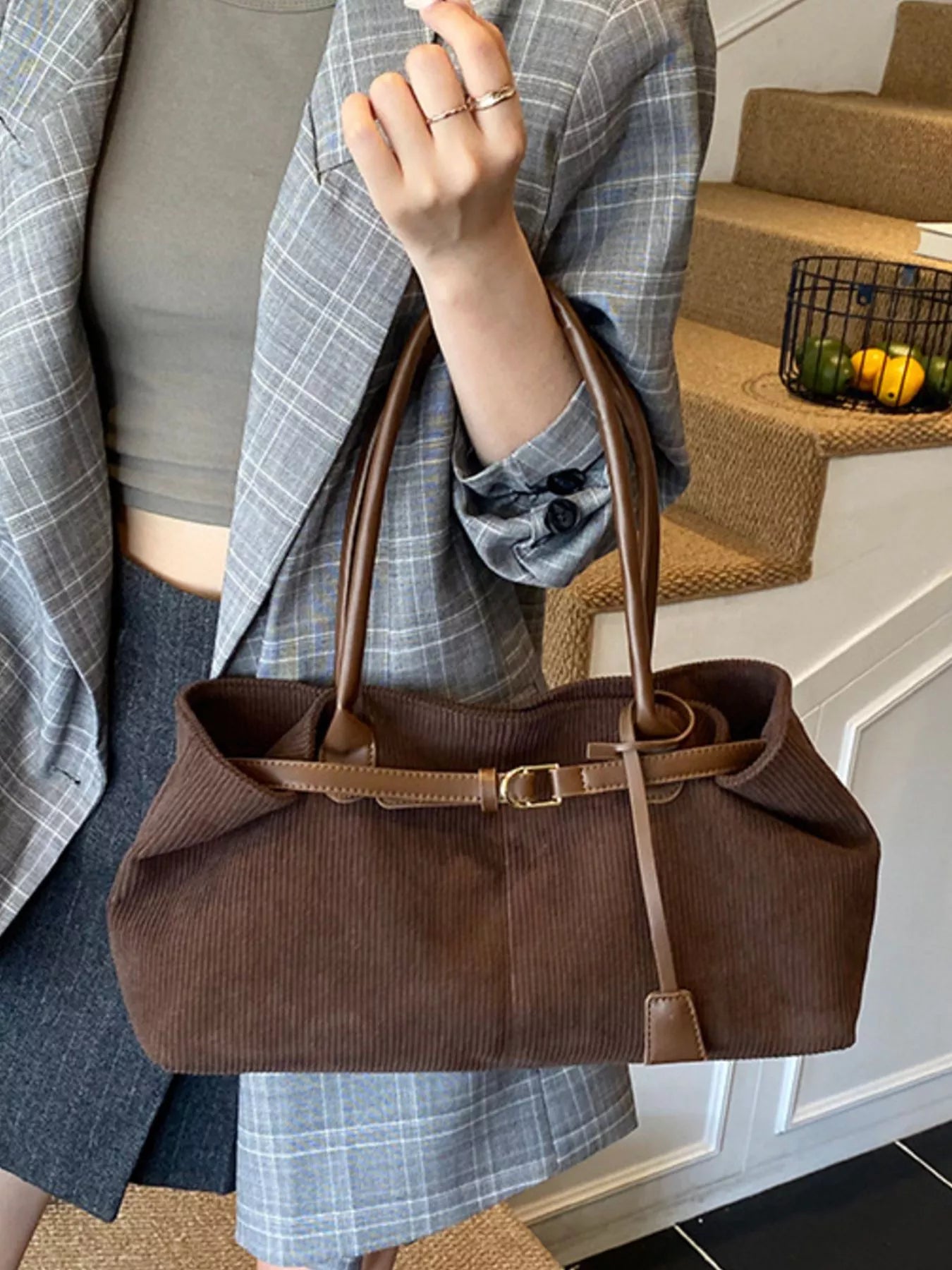 Buckle Decor Shoulder Bag Brown One Size