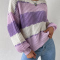 Striped Knit Round Neck Sweater Purple
