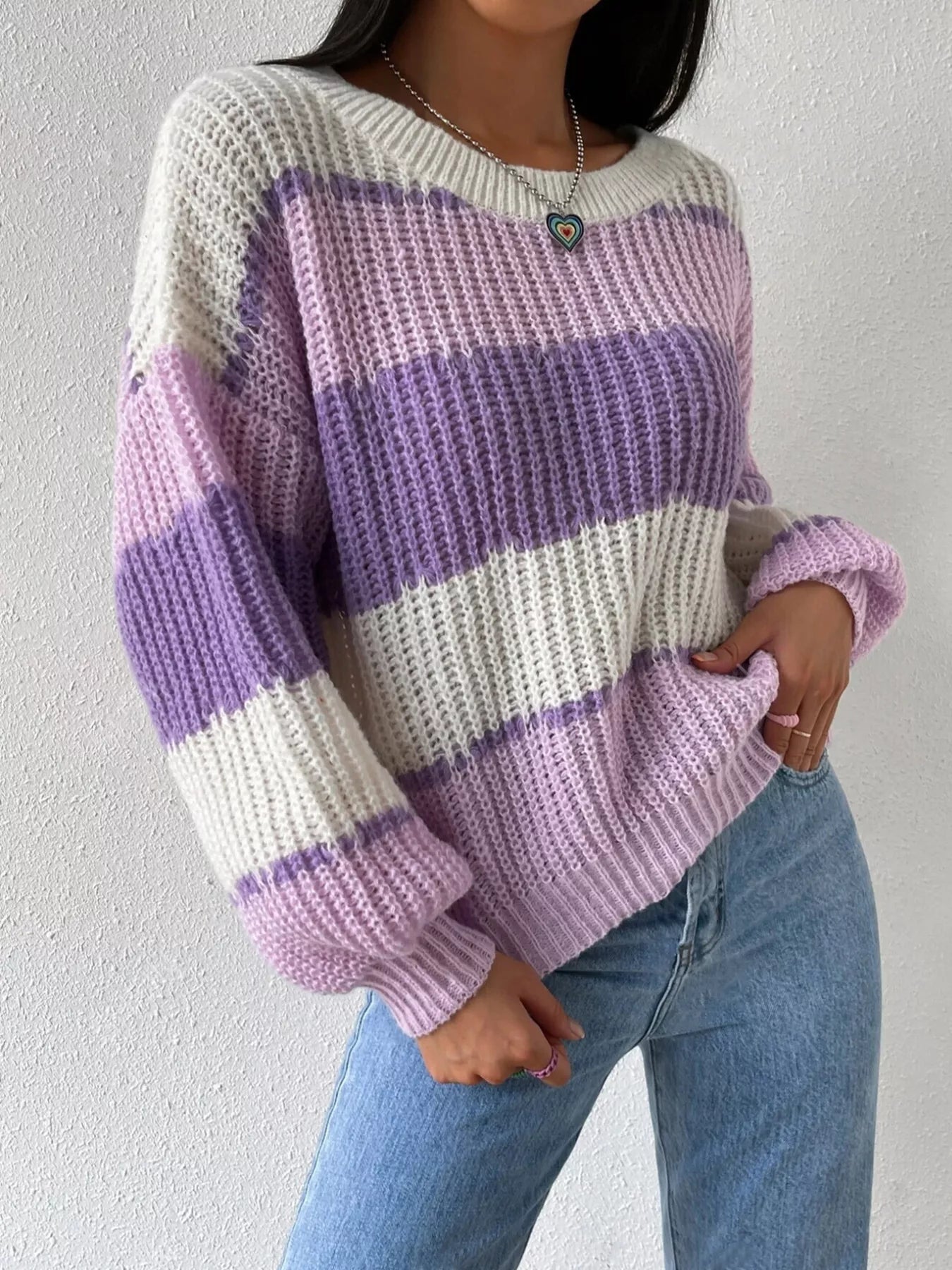 Striped Knit Round Neck Sweater Purple