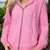 Solid Color Ribbed Zip Up Drawstring Hooded Jacket Pink